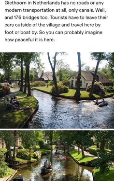 an image of people riding bikes down the street in front of houses and trees with water running through them