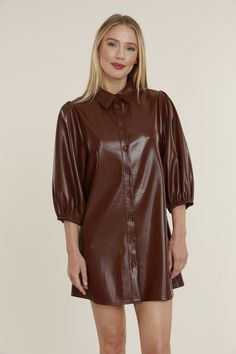 A lightweight faux leather button up dress that is perfect for spring! Wear it as a dress or open as a jacket. Leather Button Up, Dress With Puff Sleeves, Exaggerated Sleeves, Faux Leather Dress, Puff Sleeve Dress, Wide Leg Cropped Pants, Faux Leather Belts, Wrap Cardigan, Lightweight Cardigan