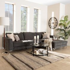 Agnew Contemporary Grey Microfiber Right Facing Sectional Sofa FredCo Light Brown Couch, Beige Sofa Living Room, Grey And Brown Living Room, Grey Sofa Living Room, Brown Sectional, Grey Sectional Sofa, Modern Sofa Set, Plywood Frame, Grey Sectional