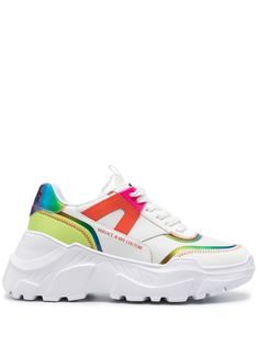 white/multicolour calf leather gradient effect mesh panelling logo print embellishment contrast stitching round toe front lace-up fastening branded heel counter flat rubber sole Sport Shoe, Metallic Sneakers, Versace Outfit, Iconic Bags, Versace Jeans Couture, Versace Jeans, Boots And Sneakers, Flat Boots, Ballet Flat Shoes