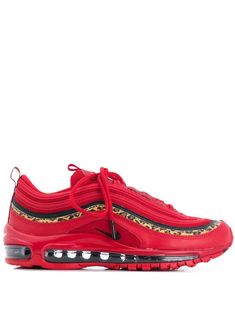 Red leather Air Max 97 sneakers from Nike featuring a round toe, a lace up detail, a leopard print, a logo patch at the tongue, a branded insole, a pull tab at the rear, side logo branding and chunky rubber sole. Air Max 97 Nike, Nike Air Max 97 Colorful, Nike Air Max 97 Leopard, Nike Air Max 97 Burgundy, Nike Wedge Sneakers Red, Nike Air Max 97 Red White And Blue, Red Air Max, Nike T, Red Sneakers