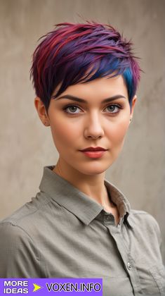 22 Stunning Short Pixie Haircuts for Women: Bold and Chic Styles - voxen.info Coloured Short Hair Pixie Haircuts, Pixie Hair Color Ideas For Brunettes, Short Hairstyle Women Color, Short Funky Pixie Haircut, Short Violet Hair, Bright Pixie Hair Colour, Bixie Colour Hair Colors, Pixie Haircut With Undercut