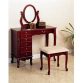 the dressing table with mirror and stool is made of wood, it has an upholstered seat