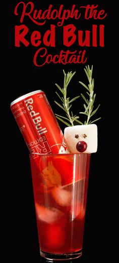 the red bull cocktail is garnished with an apple and rosemary sprig