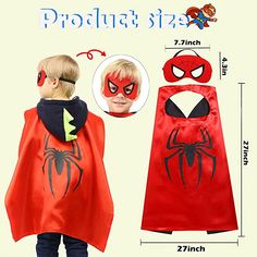 a little boy wearing a red cape with spiderman on the chest and black eyes