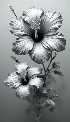 black and white photograph of two flowers with reflection on the water's surface in front of it