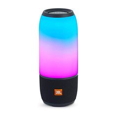 the jbl portable speaker is shown in blue, pink and purple hues with an orange logo on it