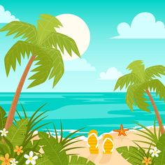 a beach scene with palm trees and flip flops