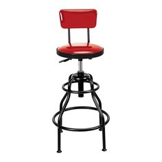 a blue stool with a black base and foot rest on an isolated white background,