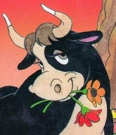 a painting of a cow with flowers in its mouth