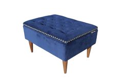 a blue foot stool with studded legs