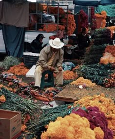 a man sitting on a chair surrounded by flowers and other items at an outdoor market