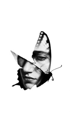 a black and white photo of a woman's face with butterfly wings