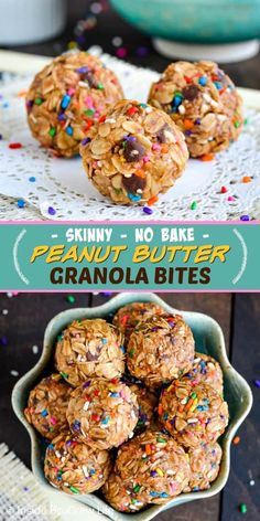 no bake peanut butter granola bites in a bowl and on a plate with sprinkles