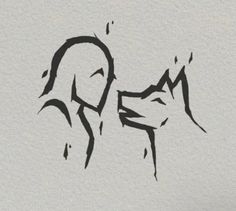 a black and white drawing of a man kissing a wolf