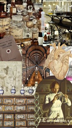 there are many different items in this collage that include bottles, books, and pictures