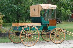 an old fashioned horse drawn carriage is parked on the side of the road in front of some trees