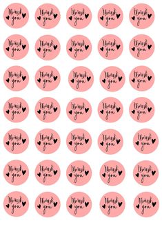 pink and black thank you stickers with heart shapes on them, in the shape of speech bubbles