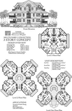 two story house plans with three floors and four levels, including the first floor plan