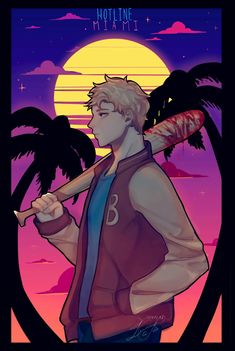 a drawing of a man holding a baseball bat in front of a sunset with palm trees