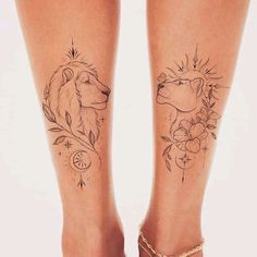 two women's legs with tattoos on them, one has a bear and the other has flowers