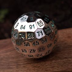 a close up of a metal object on a wooden table with numbers and times printed on it