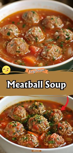 meatball soup with tomatoes and parsley in a white bowl