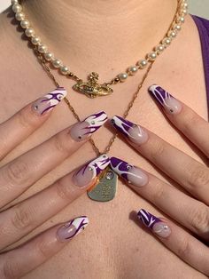 GRUNGE PURPLE NAILS AESTHETIC VIVIENNE WESTWOOD ULZZANG PURPLE COFFIN SHAPED NAILS Nail Gemstone Designs, White With Purple Nails, Hair With Gemstones, Nails White And Purple, White Purple Nails, Purple And White Nail Designs, Purple Aesthetic Nails, Purple White Nails, Weird Nail Ideas