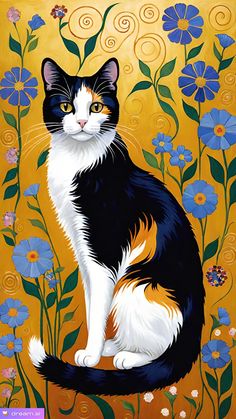 a painting of a black and white cat sitting in front of blue flowers on a yellow background