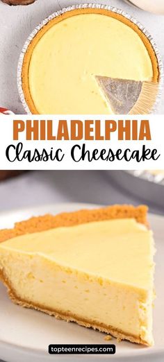 a piece of cheesecake on a plate with the words philadelphia classic cheesecake above it