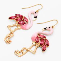 Be queen of the flock in these eye-catching drop earrings. The gold-tone earrings have faux crystal-accented flamingos. Wear these with your favorite sundress for a beachy good look. Finish: Gold-tone Drop: 2" Closure: Fish hook Material: Metal - Claire's Pink Flamingo 2" Drop Earrings Glamorous Drop Earrings For Summer, Novelty Pink Earrings For Summer, Fun Gold Summer Jewelry, Fun Gold Jewelry For Summer, Gold Earrings For Beach Spring Season, Metal Earrings For Beach In Summer, Summer Beach Metal Earrings, Summer Pink Metal Jewelry, Novelty Gold Earrings