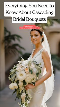 A stunning bride holding a cascading bridal bouquet, featuring elegant flowers that flow beautifully, perfect for matching her dress and wedding theme. Spring Cascading Wedding Bouquets, Diy Cascading Wedding Bouquet, Bridal Arrangement Bride Bouquets, How To Cascade Bouquet, Red Cascade Bridal Bouquet, Blue And White Cascading Bridal Bouquet, Wedding Bouquets Shapes, Bridal Bouquet Diy How To Make, Small Cascading Wedding Bouquets