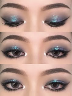 Dark Blue Sparkly Makeup, Blue Makeup Prom Looks, Aquamarine Makeup Looks, Navy Blue Douyin Makeup, Blue Eyeshowdow Looks, Blue Ethereal Makeup, Blue Eye Makeup Hooded Eyes, Blue Outfit Makeup Ideas, Blue Asian Makeup