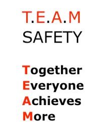 the words team safety together everyone achieves more are in red and black on a white background