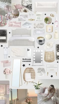 a collage of white and pink bedroom accessories, including bed linens, pillows, mirror, lights, vases, candles