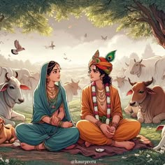 two women sitting on the ground in front of some cows and trees with birds flying around them