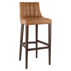 a brown leather bar stool with wooden legs