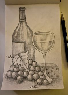 a drawing of wine and grapes next to a bottle with cheese on the table beside it