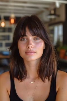 Shoulder Bangs Haircut, Shoulder Length Hair With Layers And Curtain Bangs Straight Hair, Bob Over 40 For Women, Style Collarbone Length Hair, Romantic Shoulder Length Hair, Medium Hair One Length, Hair For Woman In 40's, Bang Length Face Shapes, Shoulder Length Hair French