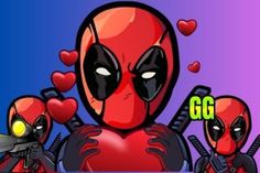 two deadpools hugging each other in front of a heart shaped balloon with the word love written on it