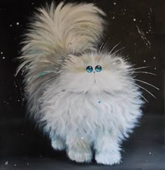 a painting of a white cat with blue eyes and fluffy fur on it's tail