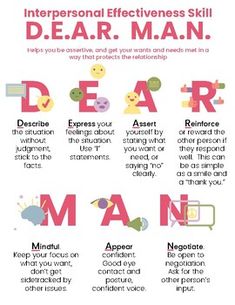 DEAR MAN 1-page printable DBT handout. This interpersonal effectiveness handout describes how to be assertive, and how to get your wants and needs met in a way that protects the relationship.8.5"x11" digital download printable PDFWant more resources like this? Check out my full catalog of DBT worksheets and handouts here.Related Products:DBT Coping Skills BundleThank You! I really appreciate your interest in this product! I love to design and create new things to support the emotional and behavioral health of kids and teens! It would  mean so much to me if you left a kind review and rating after purchasing a product (or freebie!) Feel free to contact me with any questions! Follow Me to get updates on new products coming soon! I am trying to add new items each week!  How can I earn free pro Checking The Facts Dbt, Dear Man Dbt Worksheet, Checking In On You, Dear Man Dbt, Dear Man, Be Assertive, Love Psychology