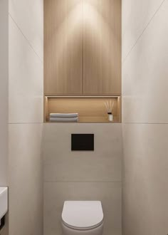 a white toilet sitting in a bathroom next to a wooden cabinet above it's head