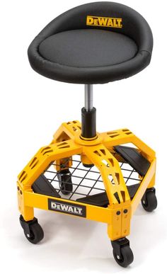 a yellow and black stool with wheels on it