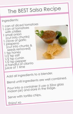 the best salsa recipe is shown in this pink and white brochure with text