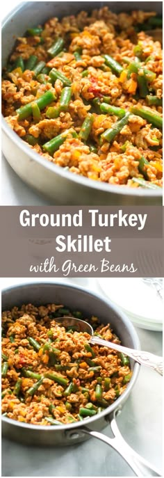 ground turkey skillet with green beans in a pan