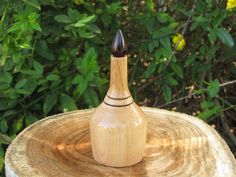 a wooden object sitting on top of a tree stump in front of some green leaves