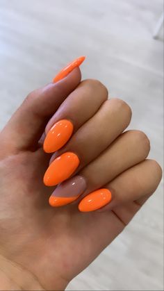 Bright Summer Nails Colors, Neon Nails One Color, Simple Summer Nails Neon, Cute Neon Acrylic Nails, Summer Nails Ideas Acrylic Bright Colors Neon, Summer Gel Nails Ideas Short Almond, Round Neon Nails, Neon Nail Ideas Bright Colors Gel, Gel Nails Ideas Orange