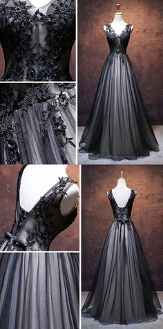 Chic A Line V Neck Floor Length Tulle Black Applique Long Prom Dress Wedding Dress Black, Prom Dress Evening, Dark Wedding, فستان سهرة, Gothic Wedding, Black Wedding Dresses, Tulle Prom Dress, Linnet, Halloween Wedding