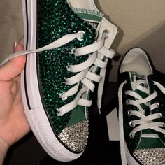 Used Once Almost New In Box, Custom Green Blinged Converse. Additional Green Rhinestones Included. Size 4.5 Men/ 6.5 Women Shoes Green, Irish Wedding, Inspo Board, Womens Converse, Converse Shoes, Quince, Athletic Shoes, Converse, Size 4